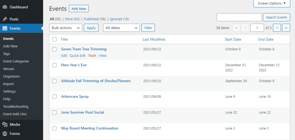 The Events Calendar Admin Sort Posts by Date View